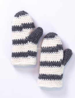 Woolen, cream mittens with brown, black and white stiching
