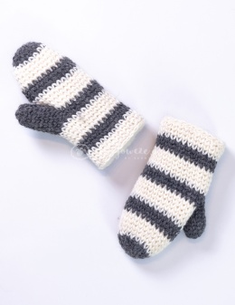 Woolen, cream mittens with brown, black and white stiching