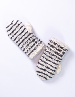 Woolen, cream mittens with brown, black and white stiching