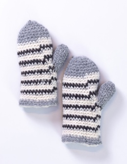Woolen, cream mittens with brown, black and white stiching