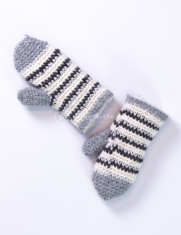 Woolen, cream mittens with brown, black and white stiching