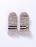 Woolen, cream mittens with brown, black and white stiching