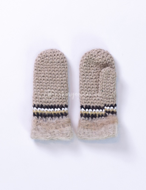 Woolen, cream mittens with brown, black and white stiching