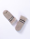 Woolen, cream mittens with brown, black and white stiching