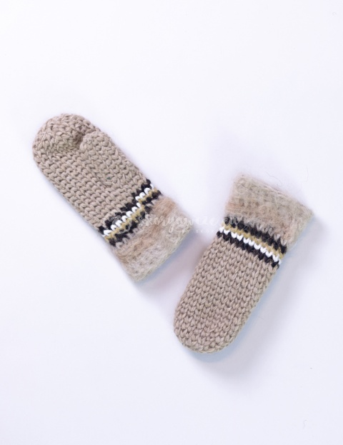 Woolen, cream mittens with brown, black and white stiching
