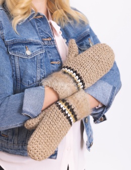 Woolen, cream mittens with brown, black and white stiching