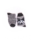 Black and gray socks with pink flowers made of rabbit wool