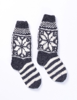 High, thick, white socks with wool filling with a gray, highlander pattern