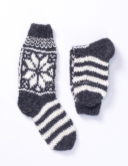 High, thick, white socks with wool filling with a gray, highlander pattern