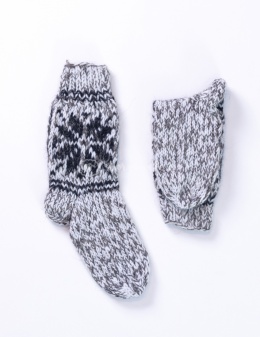 High, thick, white socks with wool filling with a gray, highlander pattern