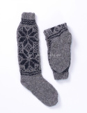 High, thick, white socks with wool filling with a gray, highlander pattern