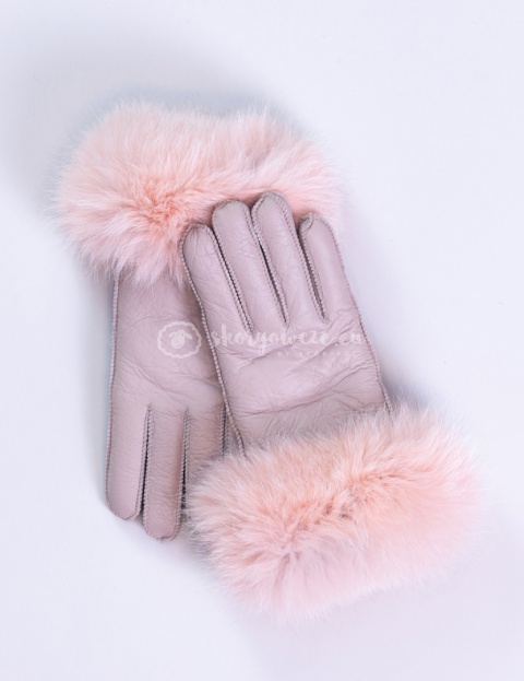 Dirty pink leather women's gloves with fur trim