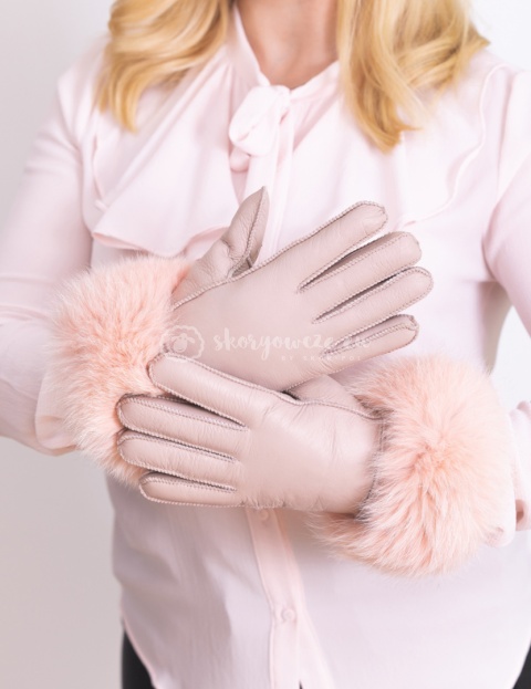 Dirty pink leather women's gloves with fur trim