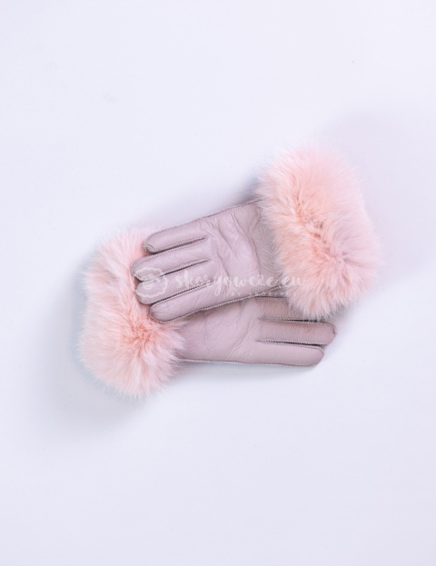 Dirty pink leather women's gloves with fur trim