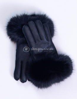 Czarne+ czarny lis rękawiczki damskie skórzane z futrzanym obszyciem