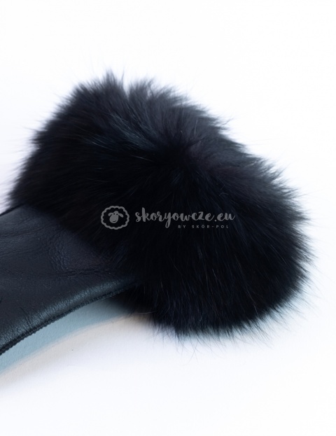 Czarne+ czarny lis rękawiczki damskie skórzane z futrzanym obszyciem
