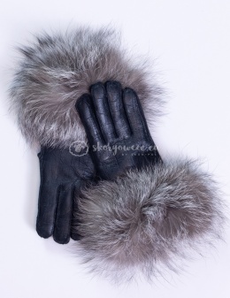 Women's black lambskin mittens with leopard fur