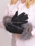 Czarne rękawiczki damskie ze skóry jagnięcej z szarym futerkiem z szynszyla