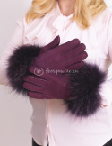 Plum-colored women's leather gloves with fur trim