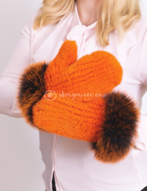 Ekskluzywna rękawiczka damska jednopalczasta norka + lis neonowy pomarańczowy