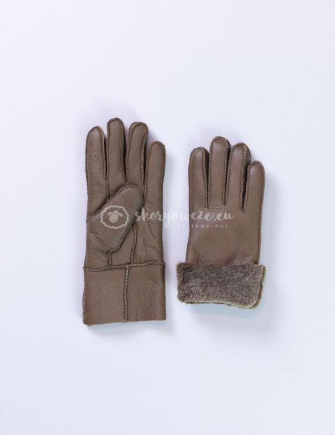 Brązowe rękawiczki damskie ze skóry jagnięcej żywicowanej wywijane