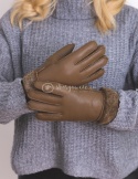 Brązowe rękawiczki damskie ze skóry jagnięcej żywicowanej wywijane