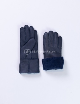 Granatowe klasyczne rękawiczki damskie ze skóry jagnięcej żywicowanej wywijane
