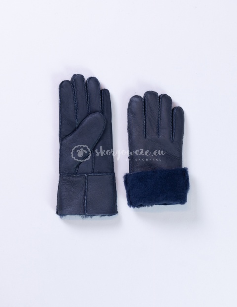 Granatowe klasyczne rękawiczki damskie ze skóry jagnięcej żywicowanej wywijane