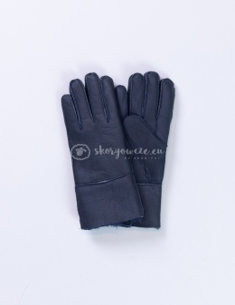 Granatowe klasyczne rękawiczki damskie ze skóry jagnięcej żywicowanej wywijane