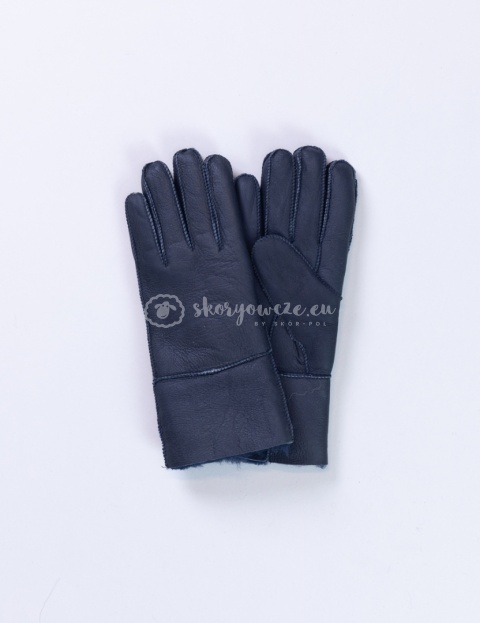 Granatowe klasyczne rękawiczki damskie ze skóry jagnięcej żywicowanej wywijane