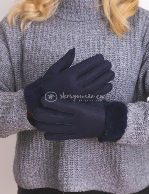 Granatowe klasyczne rękawiczki damskie ze skóry jagnięcej żywicowanej wywijane