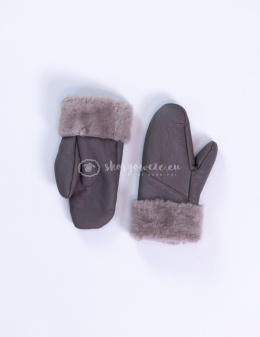 Kawowe jednopalczasate rękawiczki ze skóry jagnięcej żywicowanej z beżową końcówką