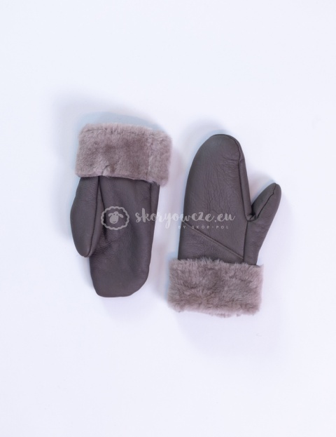 Kawowe jednopalczasate rękawiczki ze skóry jagnięcej żywicowanej z beżową końcówką