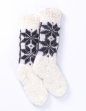 High, thick, white socks with wool filling with a gray, highlander pattern